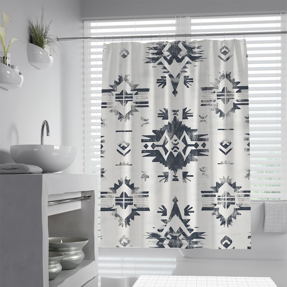 UERWOWELL Southwestern Geometric Shower Curtain Black White Tribal Shower Curtain Vintage Distressed Bathroom Decoration Waterproof Quick Dry W100xL180 cm