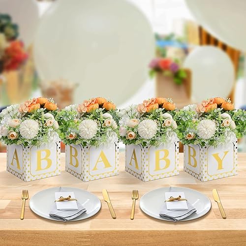4 cajas doradas para baby shower, decoración de mesa, centros de mesa florales para decoración de revelación de género, soporte de bloque de flores