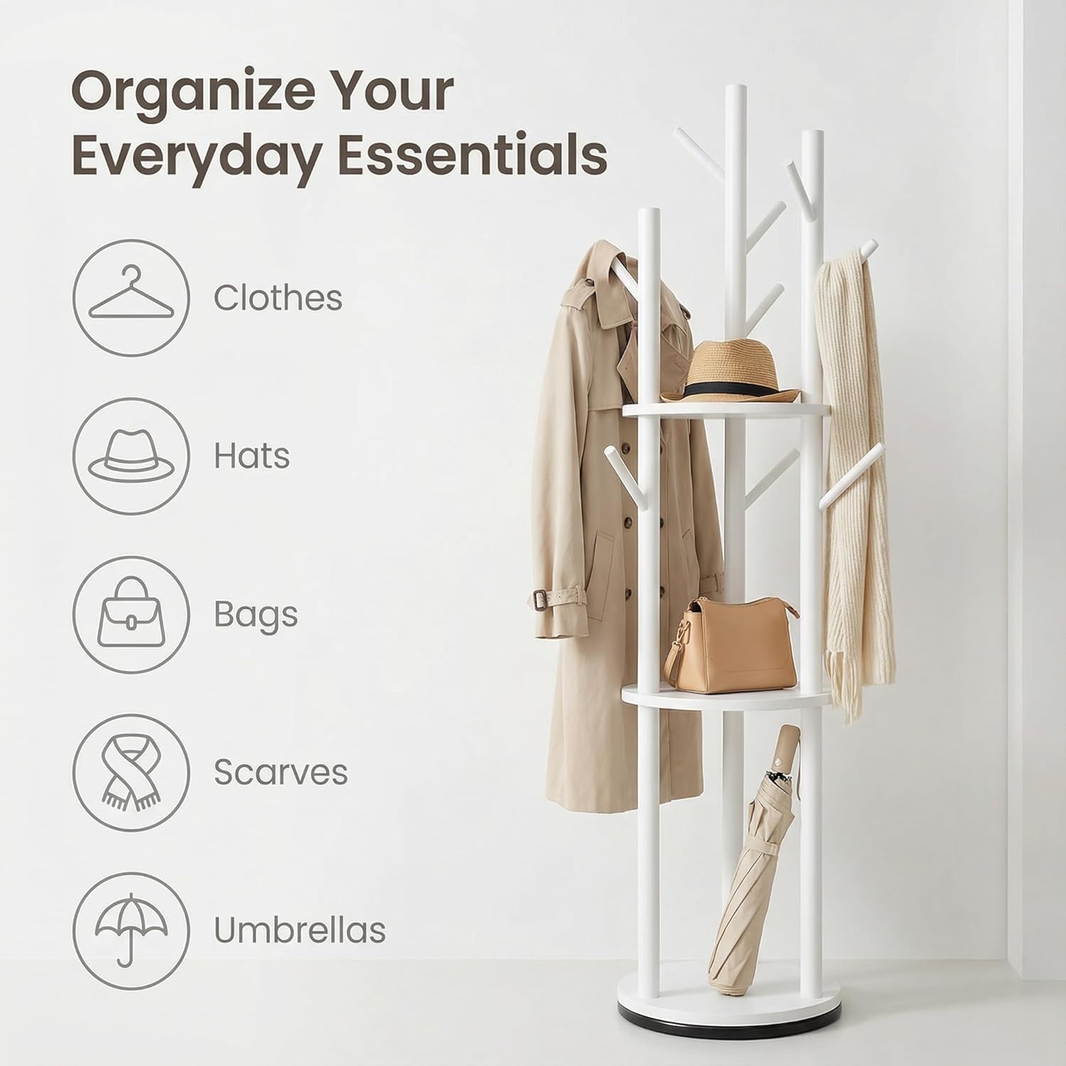 Rotating Solid Wood Coat Rack with Shelves, 360° Freestanding Tree Hall Tree for Entryway, Bedroom, or Office – Modern Space-Saving Organizer,White