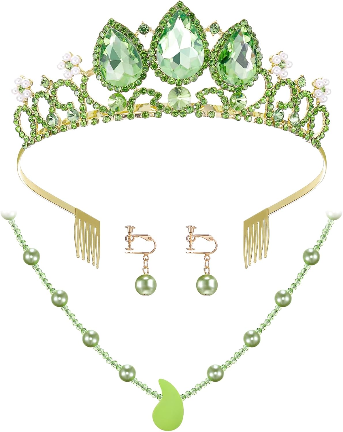 Haysandy 3 Pcs Princess Costume Jewelry Accessory Women Green Dress-up Crown Peal Necklace with Peal Earrings for Dress-up Tiara Birthday Decorations Princess Girl Women Cosplay Party Accessories