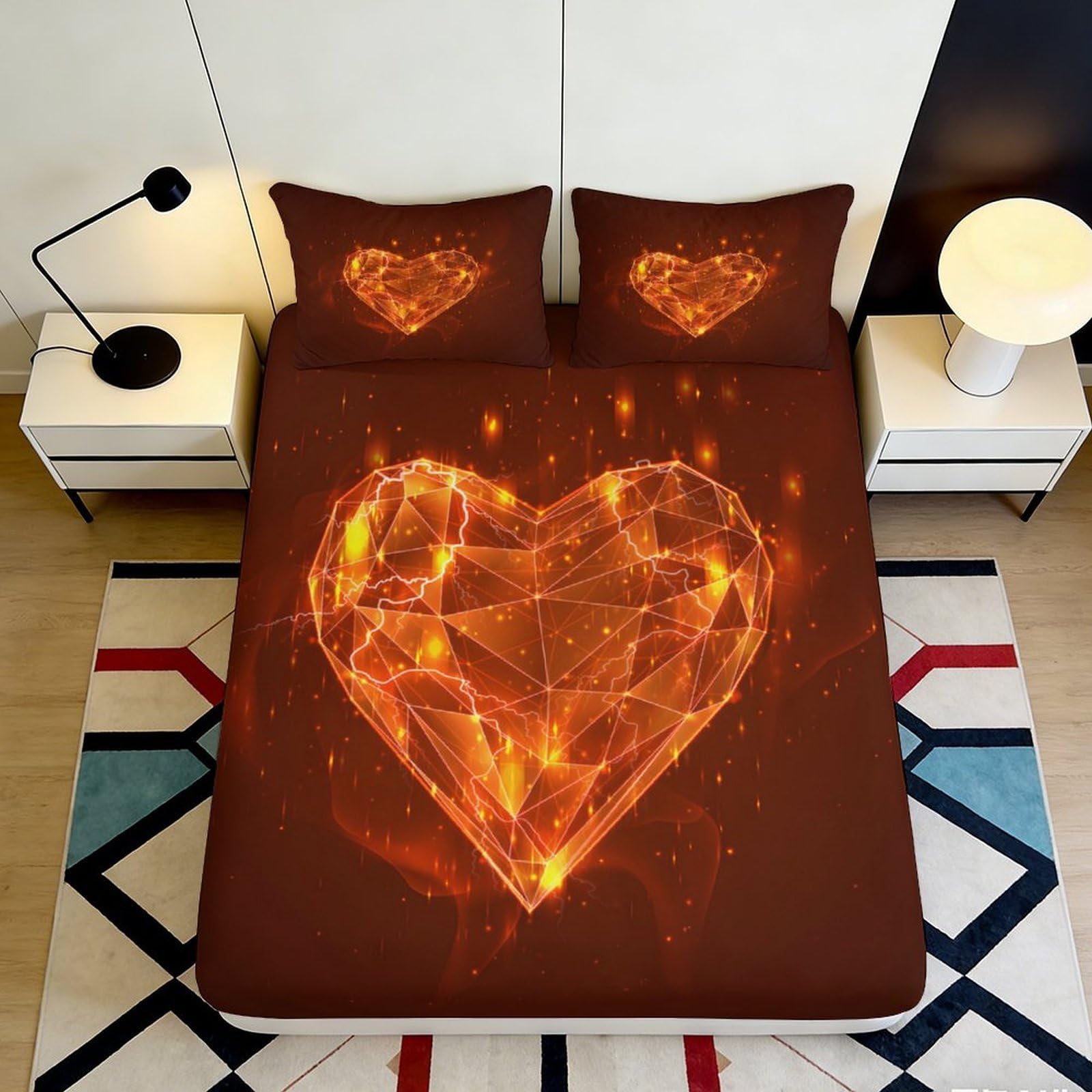 3D Printed Flame Heart Fitted Sheet Microfiber Deep Pocket Non-Slip Bedding Set Flame Heart Mattress Fitted Cover for Bedroom 180x200x25cm