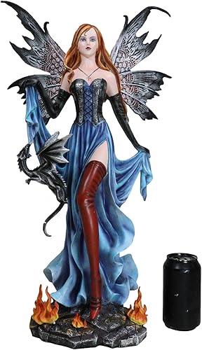 Miniatura 8 de Ebros Gift Gran hada de fuego elemental de pelo caoba de 23 pulgadas de alto y dragón negro de pie junto a la estatua de las llamas de brasa,