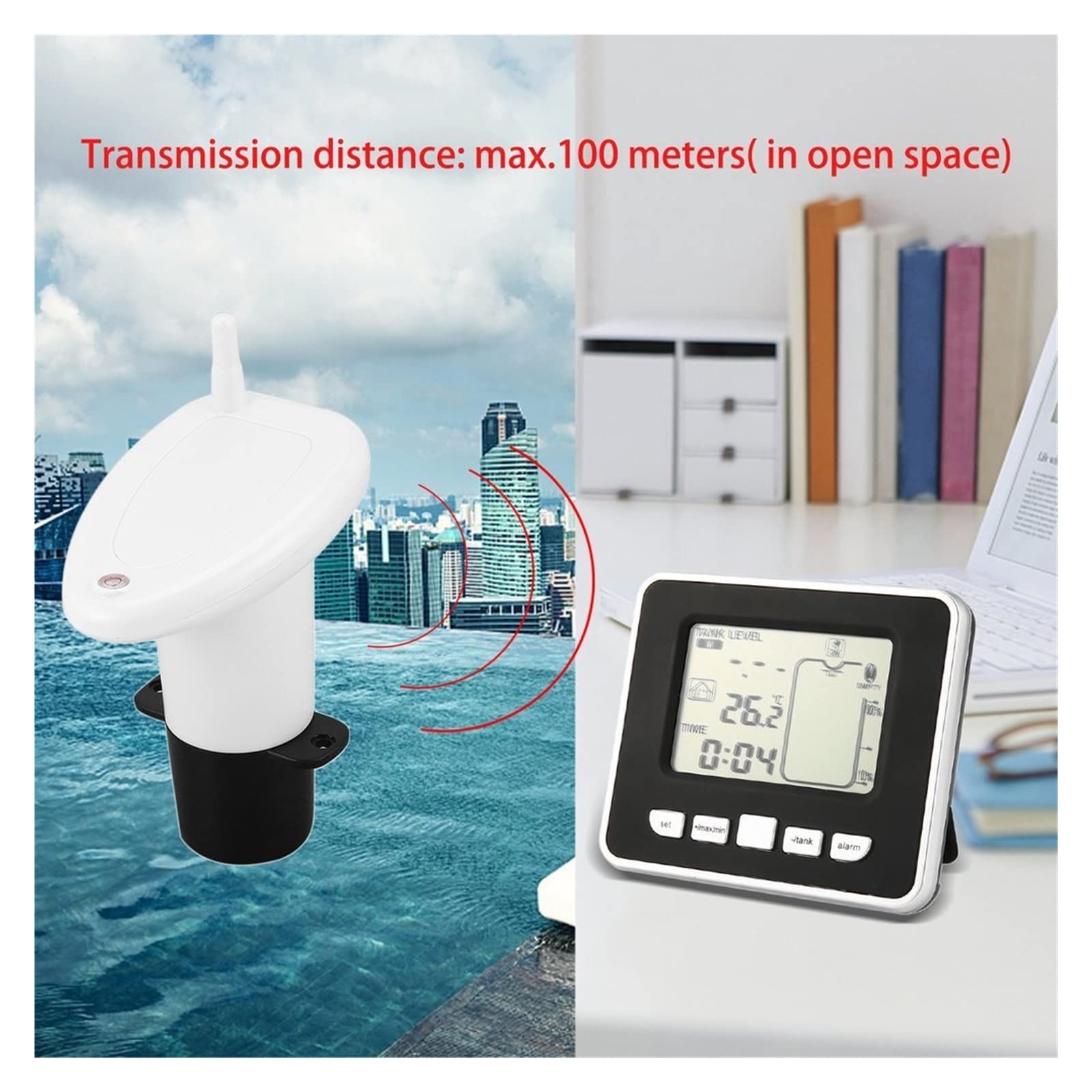 Medidor de Gasoil Deposito, Indicador de nivel Medidor de nivel ultrasónico Tanque de agua Medidor de profundidad de líquido Pantalla de sensor LED con pantalla de temperatura Herramientas de medición