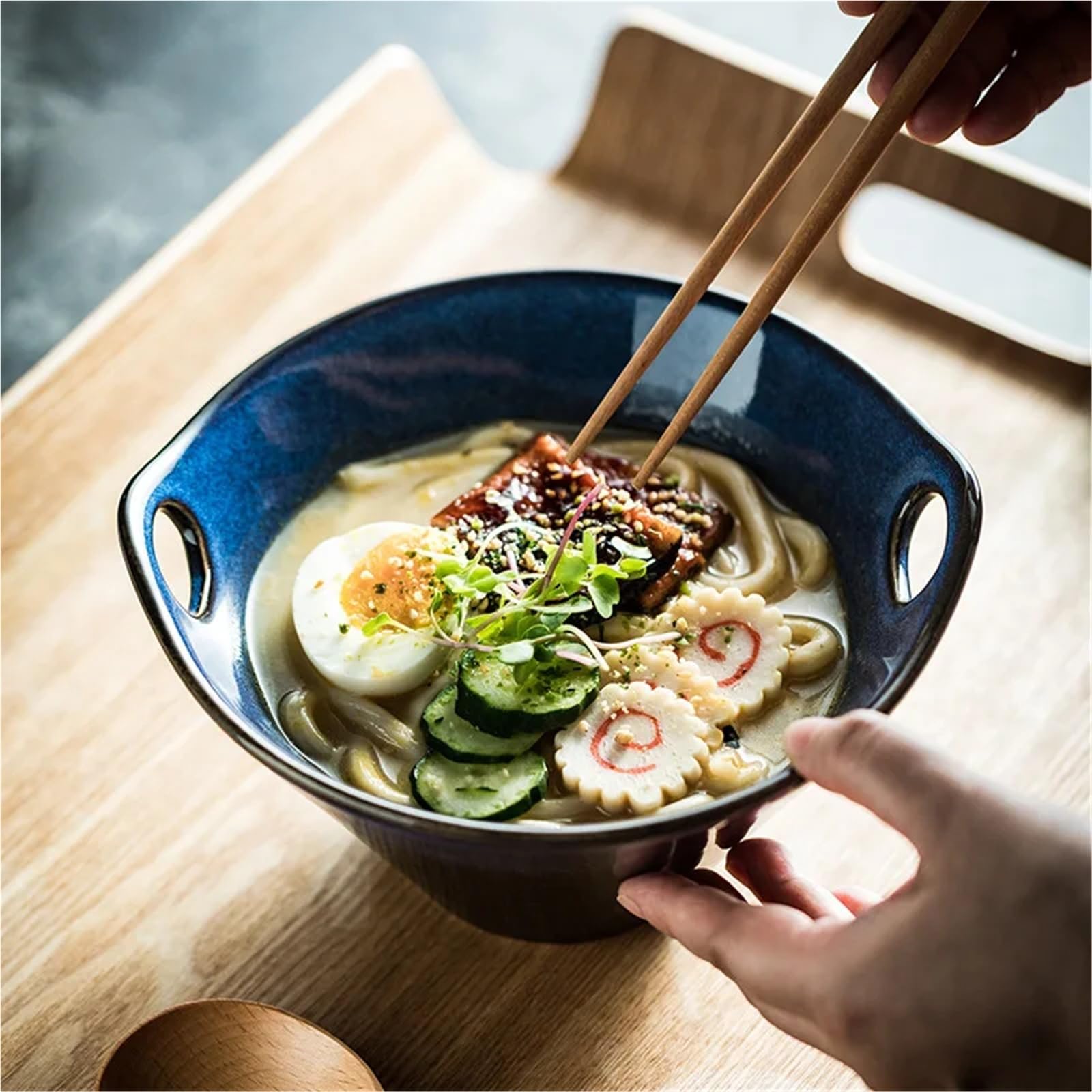 Keramikschale im japanischen Stil mit Löchern, vielseitig einsetzbar für Instant-Nudeln, Suppe, Salat, geeignet für Schlafsaal und Haushalt (7,5 Kaffee-Gold)