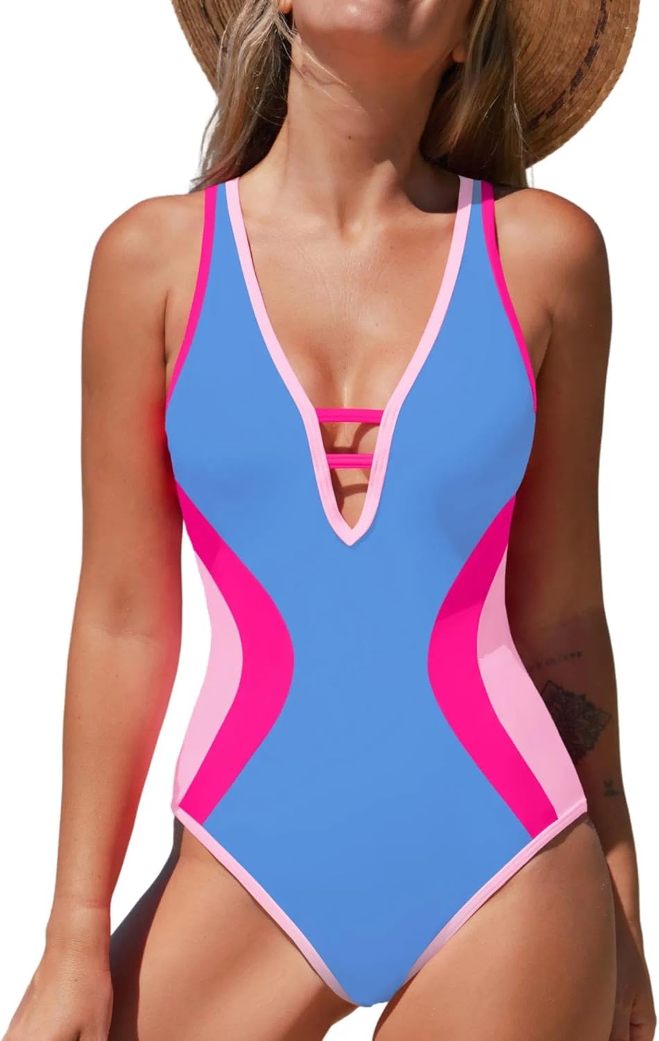 popvil One Piece Swimsuit for Women 2026 Neon Color Block Bathing Suit Deep V Neck Swimsuit Slimming Adjustable Swimwear