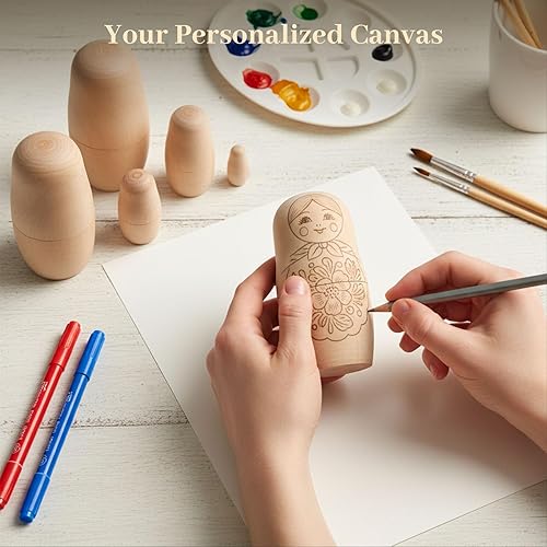 Vista 3 de Koogel Juego de 6 muñecas anidables sin pintar para niños, muñecas de anidación en blanco Matryoshka de madera para actividades de padres e hijos