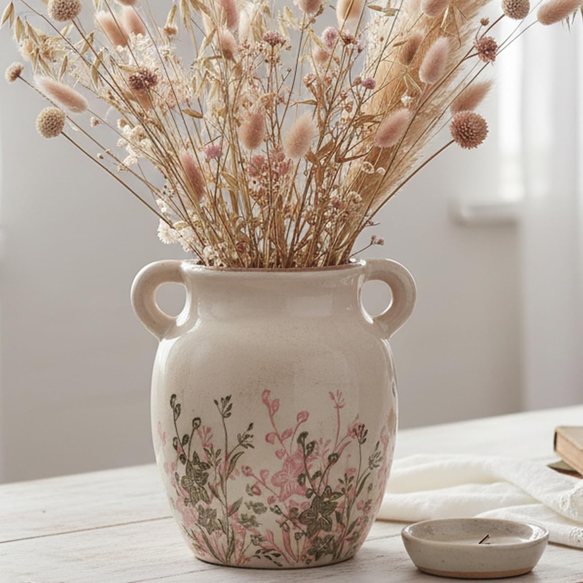Vintage Ceramic Flower Vase, 7.9'' Rustic Farmhouse & French Country Decor for Coffee Table, Dining Table Centerpieces, Entryway Accent, House Decoration Living Room Home Decor, Blush Sage