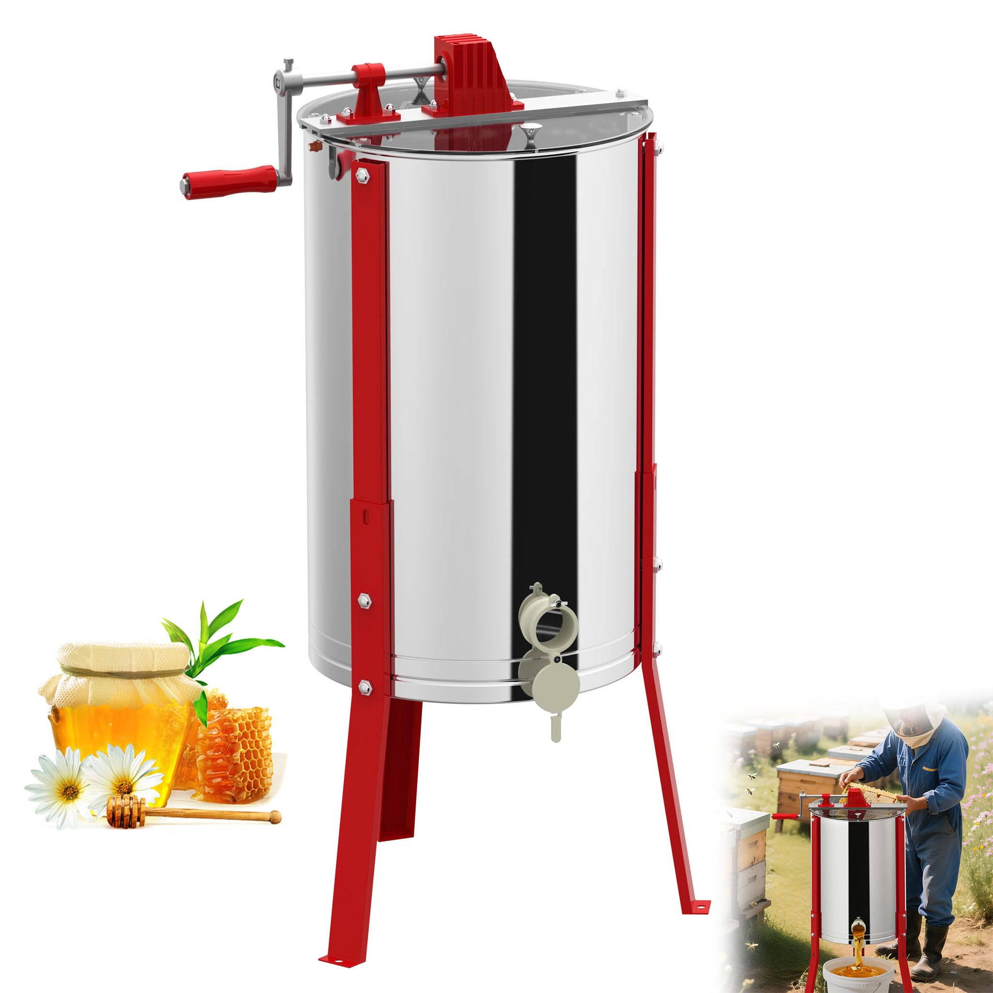 Handbetriebene Honigschleuder Diagonalschleuder aus Edelstahl | 3 Waben Bienenwachs Presse mit robustem Rahmen | Inkl. Sicherheitsdeckel und stabilem Fuß | für Imker und Hobby-Züchter 38 cm