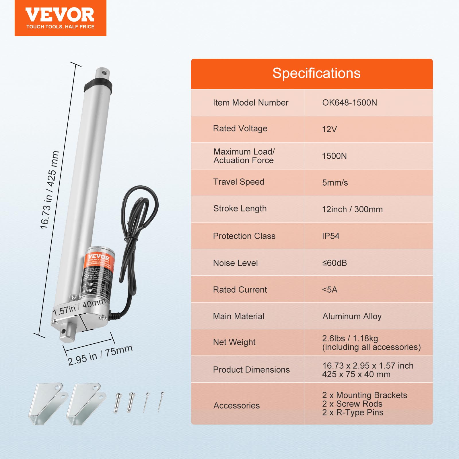 VEVOR Actuador Lineal 12 V 300 mm 330 lbs 1500 N 5 mm/s IP54