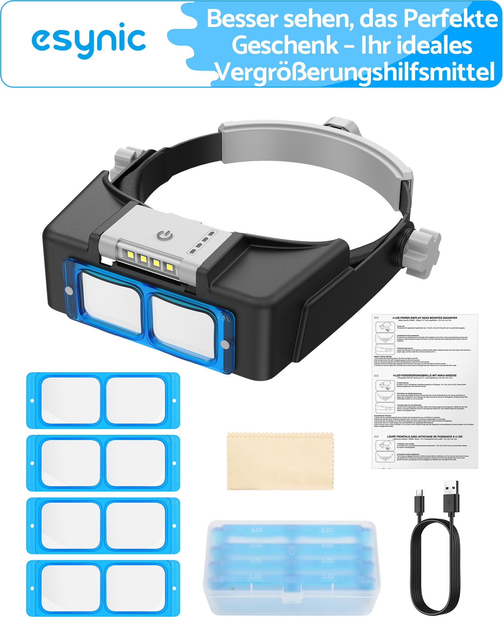 eSynic Stirnbandlupe mit LED Licht Stirnlampe Lupe 4 Wechsel-Linse 1.5X–3.5X Wiederaufladbar 300mAh Leselupe 2 Helligkeitsstufen Verstellbares Kopfband 48–58cm Kopflupe für Elektronik & Handarbeit