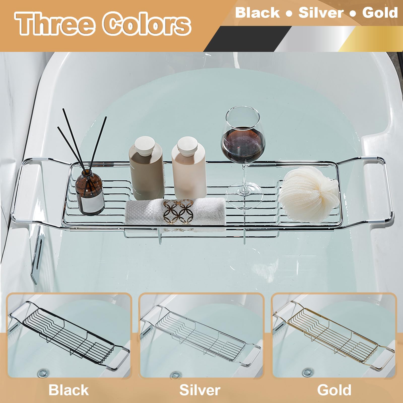 Badewannen-Caddy aus Edelstahl, erweiterbarer Badewannentablett, Tisch, verstellbares Badezimmer-Tablett, Badewannen-Organizer, Wannenregal, Silber, 67 - 89,9 cm