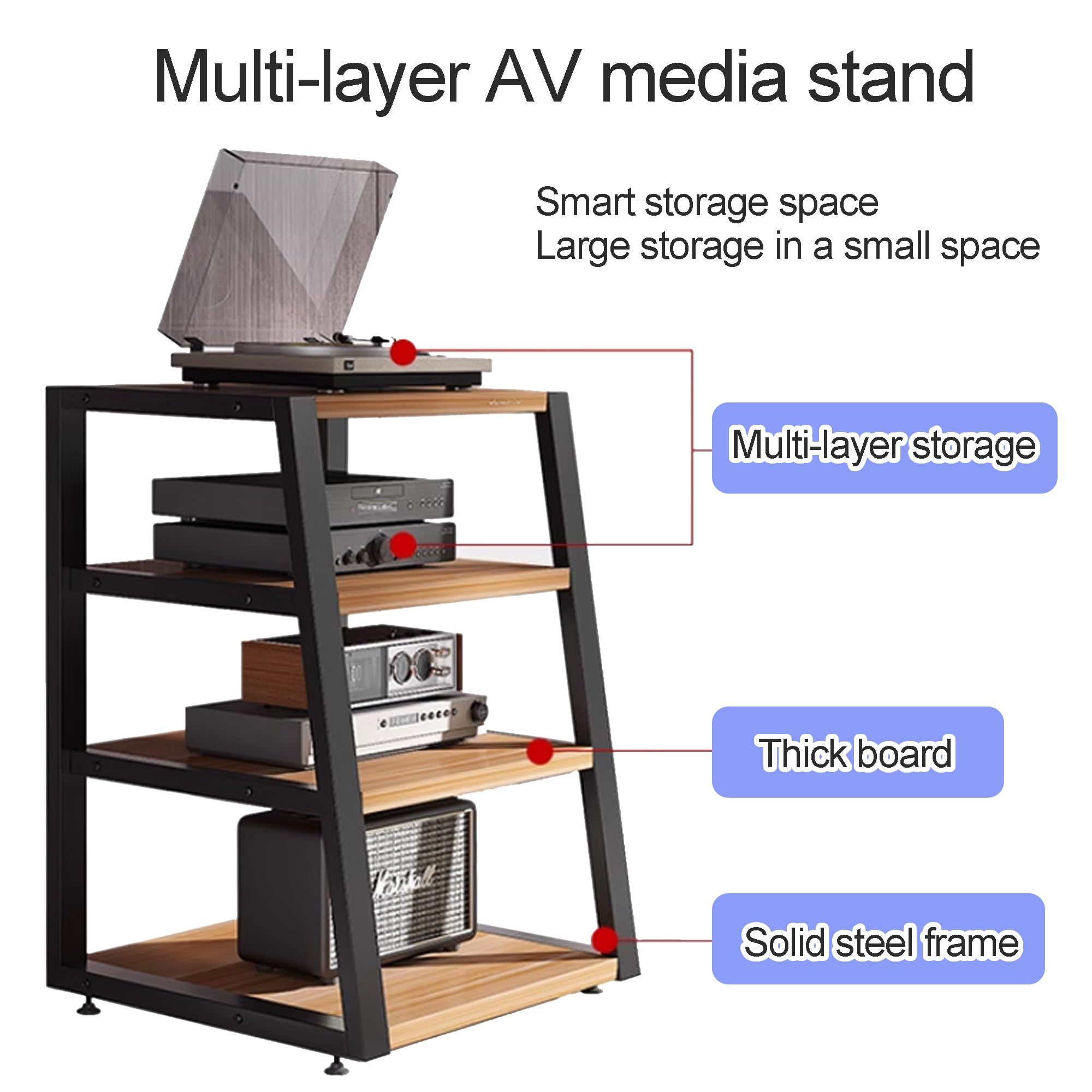 Stojak audio AV, 4-poziomowy stojak stereo do przechowywania multimediów i urządzeń rozrywkowych, odtwarzacz płyt DVD CD, uchwyt do domu, biura, kina, czarny, 60 x 52 x 60 cm