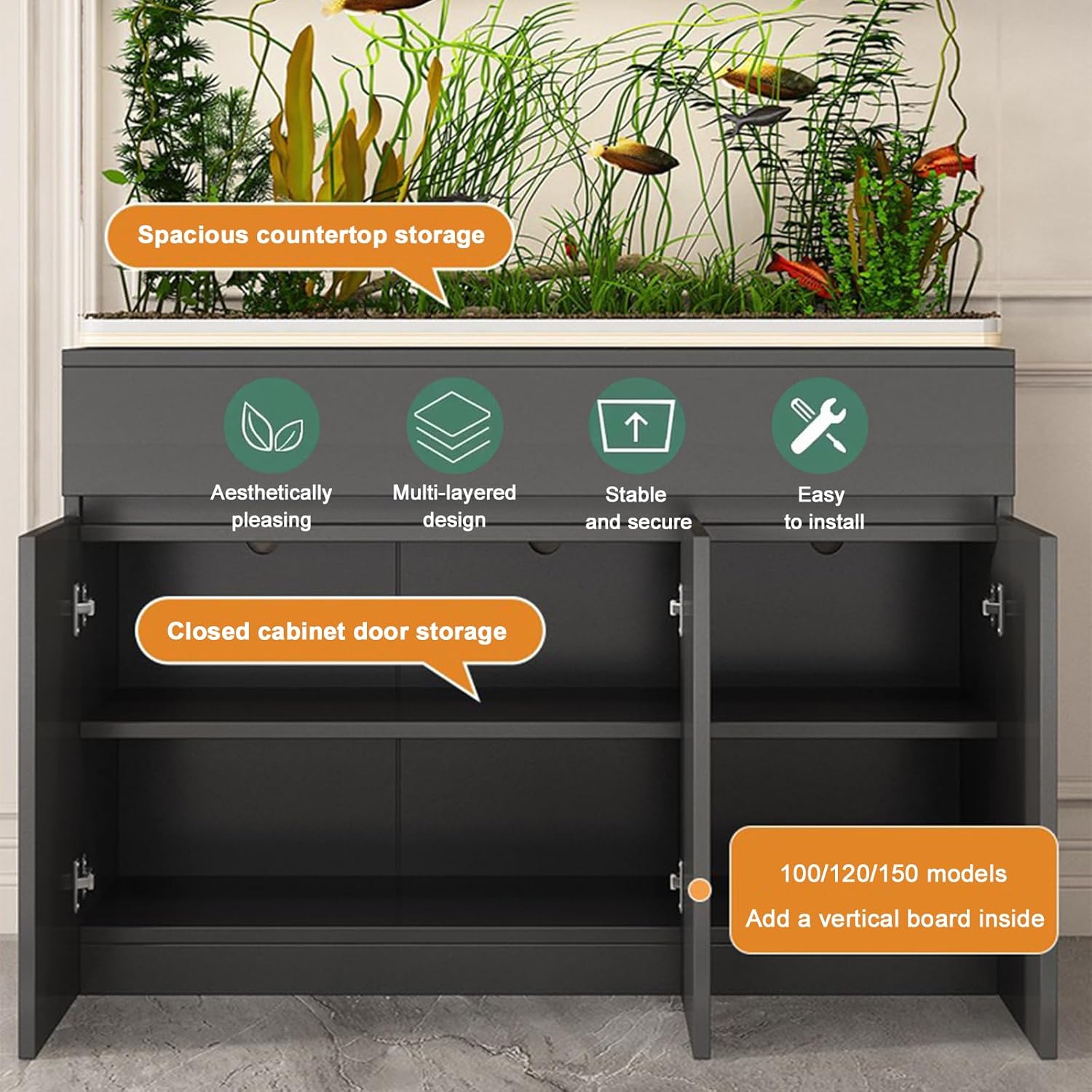 Gallon Fish Tank Stand, Solid Wood Aquarium Stands, Cabinet for Accessories Storage, Reptile Turtle Tank Stand for Home Office black 120*50*75cm