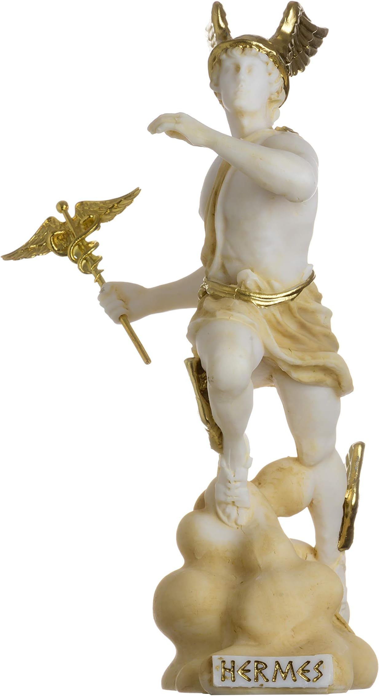 Hermes Mercury God Zeus Son Roman Statue Alabaster Gold Tone 6.69"