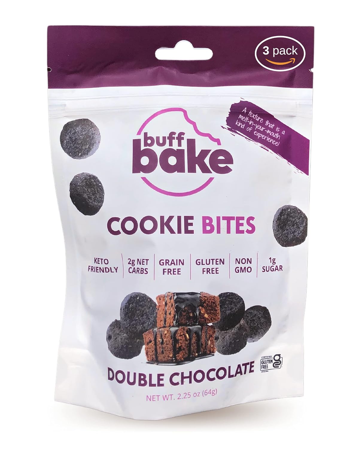 Buff Bake Double Chocolate Brownie Keto Cookie Bites | Keto Friendly Low Carb Snacks Mini Cookies | Gluten Free, Grain Free, Non GMO, No Sugar Added | 2g Net Carb For Ketosis Ketogenic Melt in Your Mouth Diabetic Diet Friendly Dessert Treat | 3 Pack