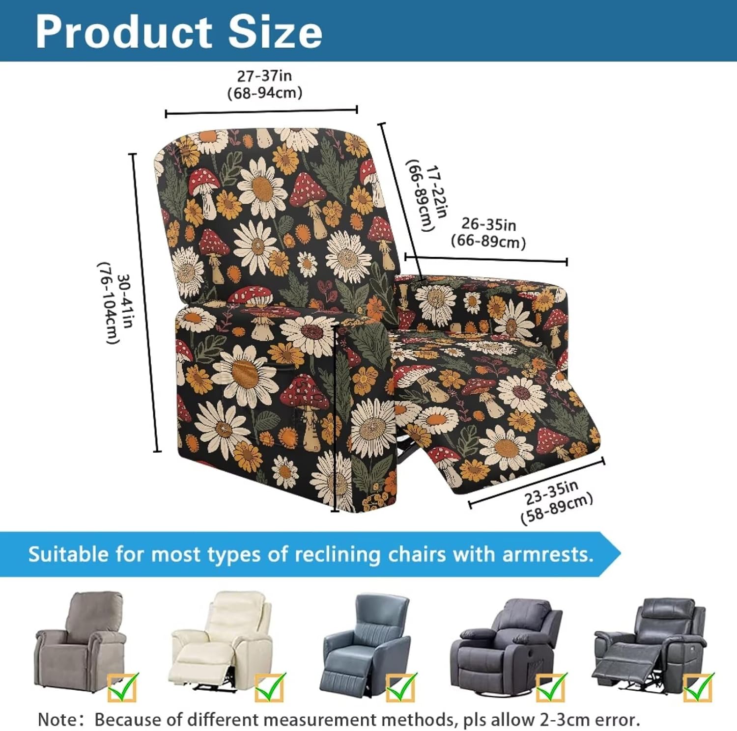 Daisy Floral Mushroom Print Reclining Chair Cover for Single Seat Recliner Chair Fitted Couch Covers for Lazyboy Lounge Chair 4 Pcs Armchair Protector Cover