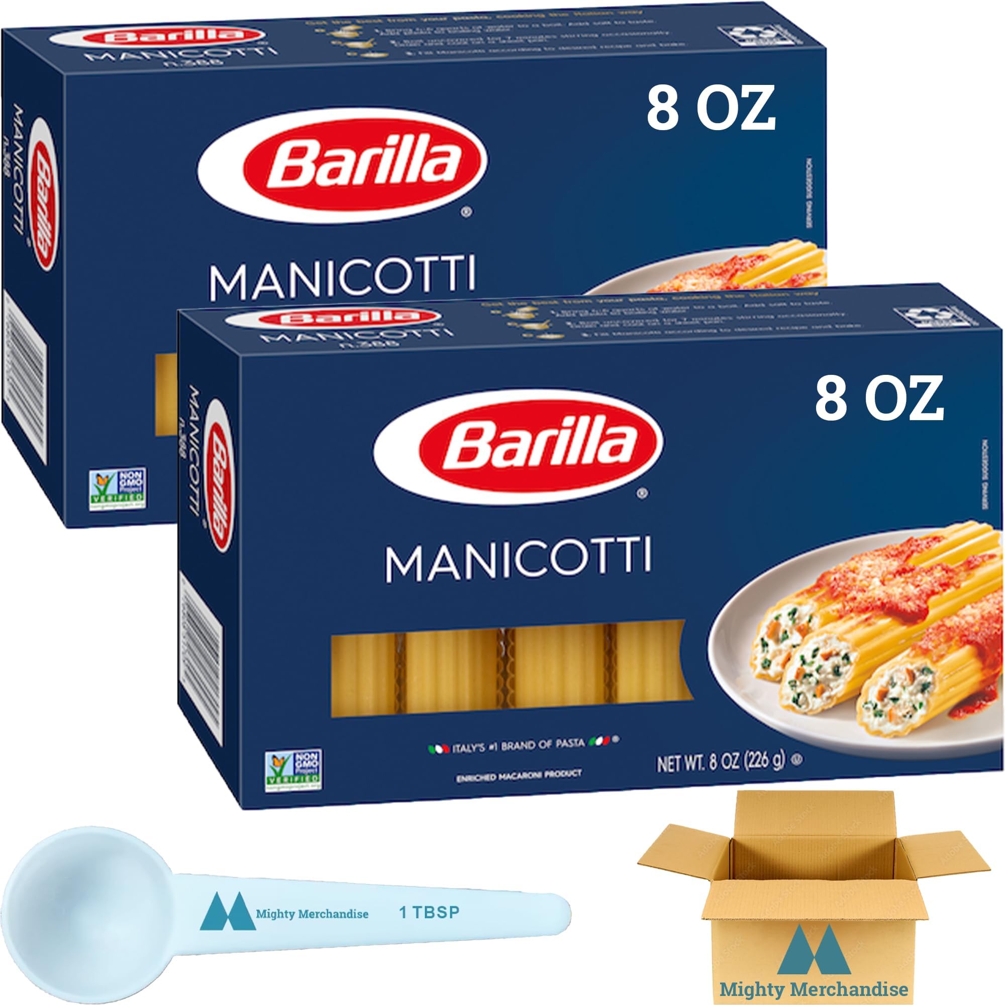 Barilla Manicotti Pasta - 8 oz Boxes (Pack of 2) - With Mighty Merchandise Measuring Spoon
