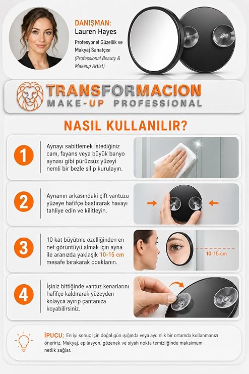 Transformacion 10X Büyüteçli Makyaj Aynası - Çift Vantuzlu Kristal Akrilik 9 cm Taşınabilir Seyahat Tipi Büyüteçli Ayna, Hassas Epilasyon, Gözenek ve Siyah Nokta Temizleme Aynası 723340