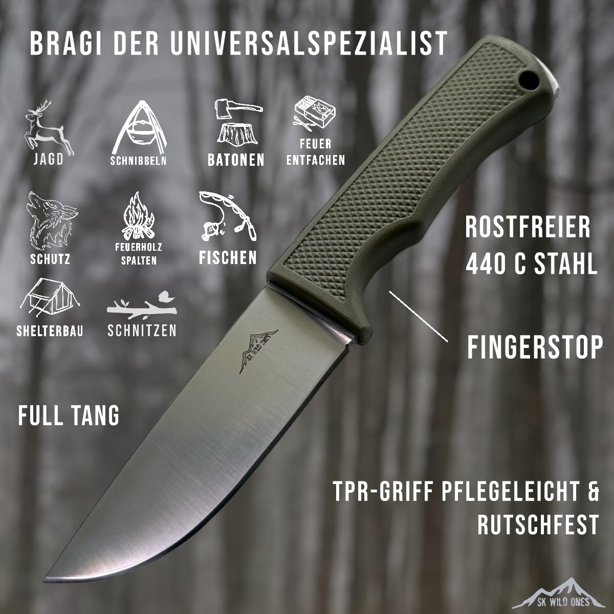 SK Wild Ones® Outdoor-Messer – feststehendes Werkzeug mit Echtleder- & Kydex-Dangler – EDC-Messer – aus 440C Edelstahl – Grün – Bragi