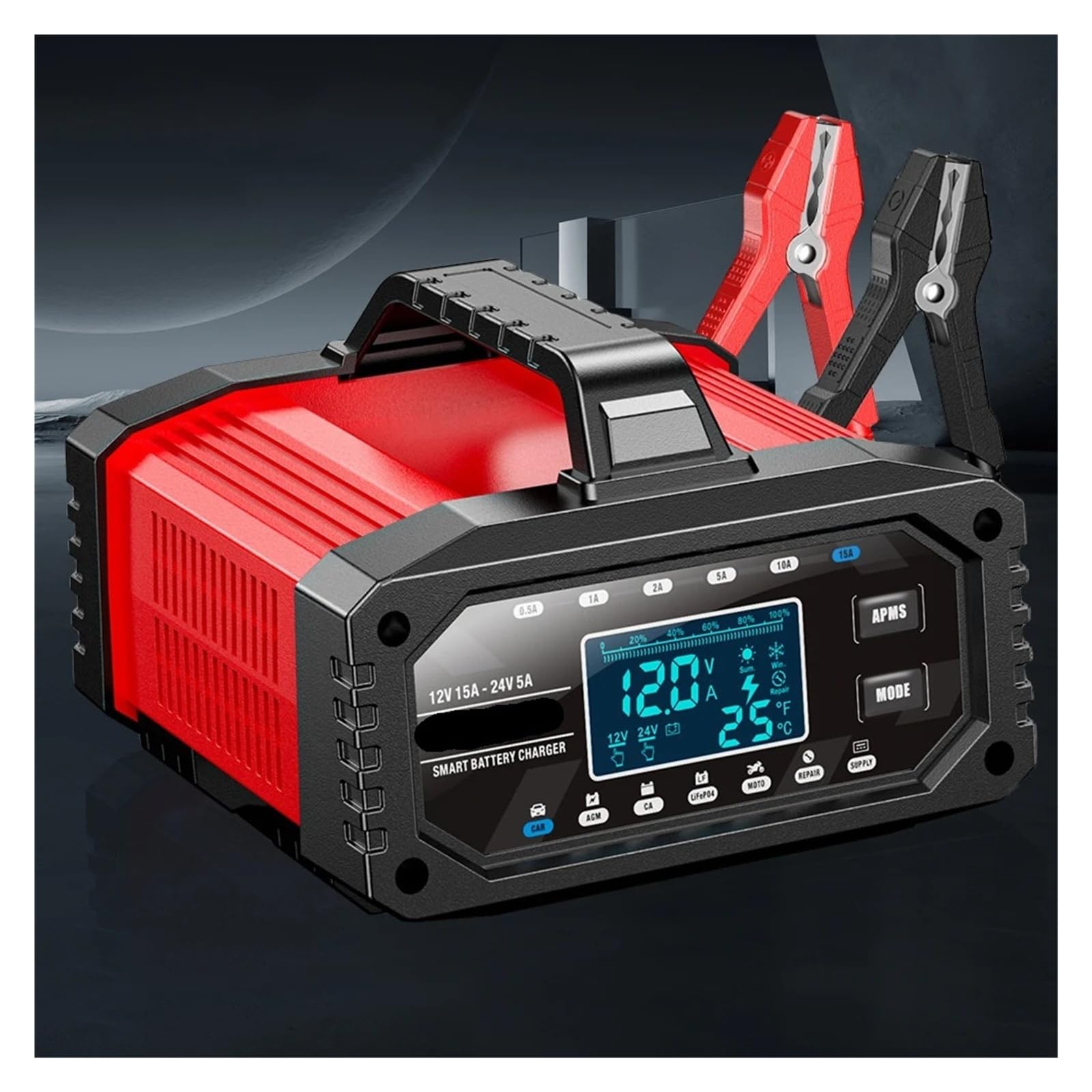 Ładowarka Baterii, Ładowarka samochodowa 15A 12V 24V z wyświetlaczem LCD, wzmacniacz samochodowy, ładowarka samochodowa Moto