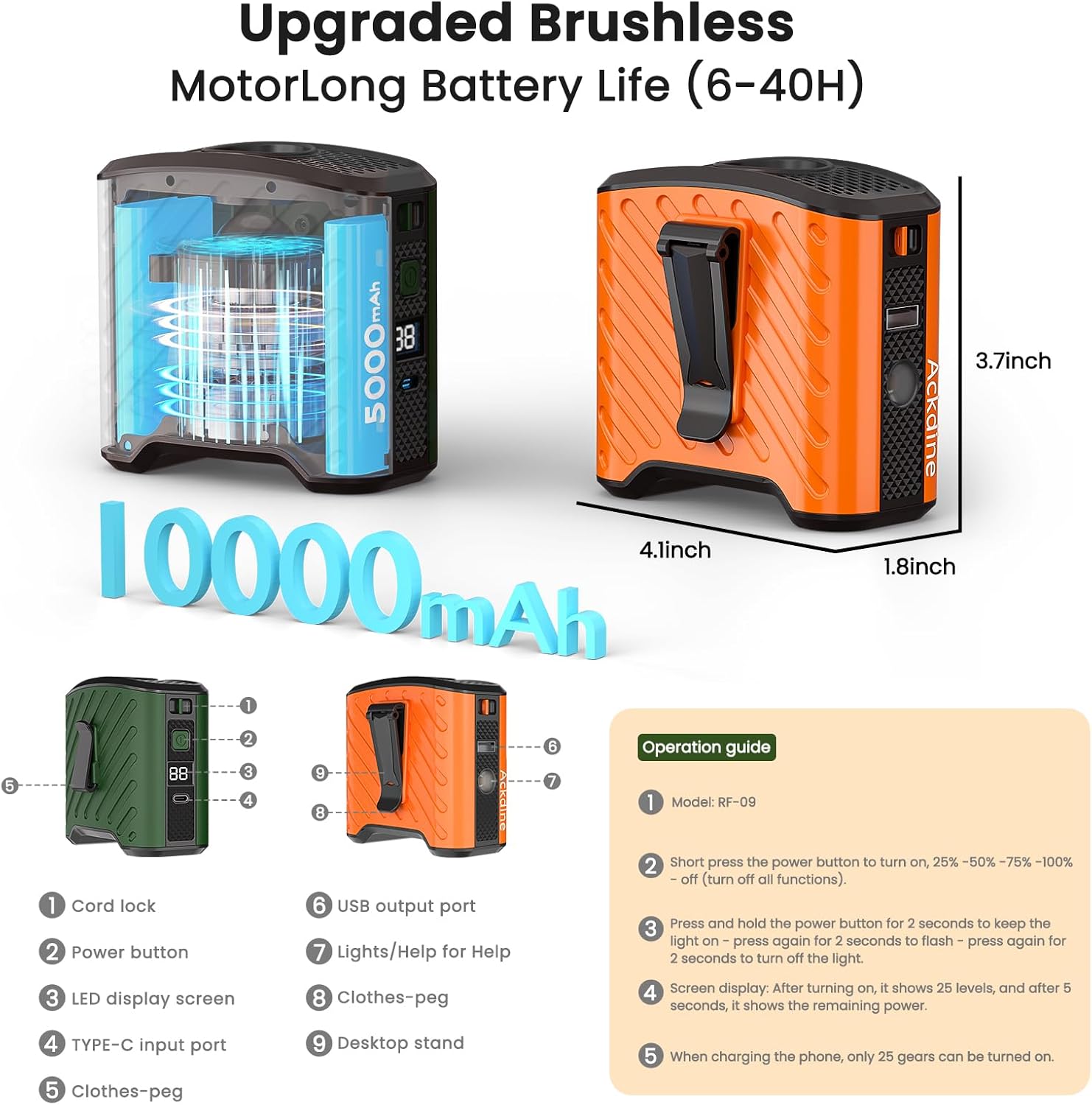 6-in-1 Hands Free Clip On Waist Neck Fan, 10000mAh Rechargeable, 16000RPM 4-Speed, 130° Wide Angle, LED SOS, Type-C Power Bank, 8-40h Runtime for Outdoor Camping Office (Orange)