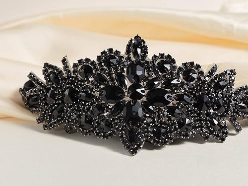 Miniatura 7 de SWEETV Diadema elástica con diamantes de imitación negros, accesorios para el cabello de los años 20, accesorios para el cabello de Gatsby para mujer
