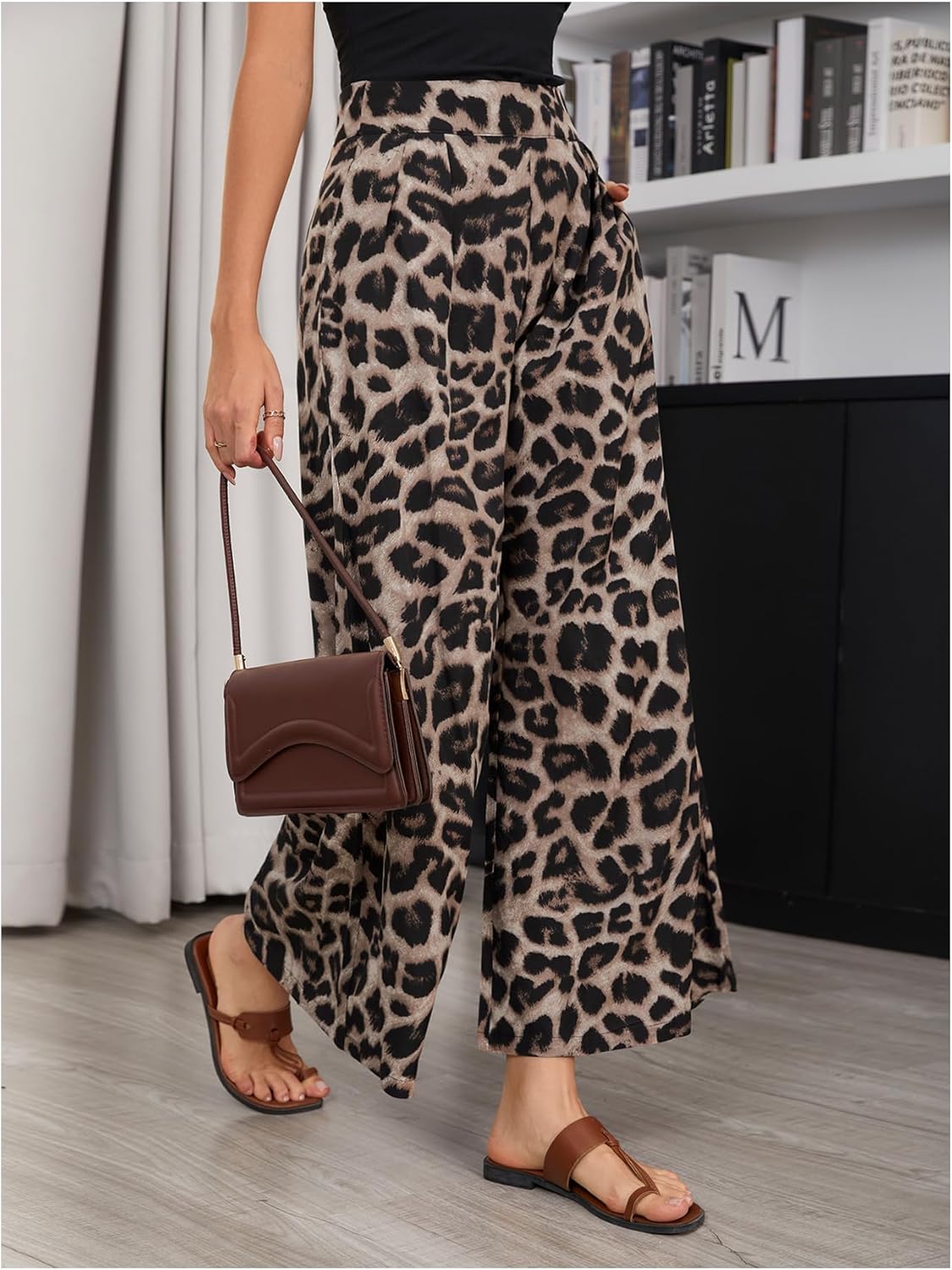 SweatyRocks Women's Leopard Print High Waisted Wide Leg Pants Casual Long Trousers - Image 4