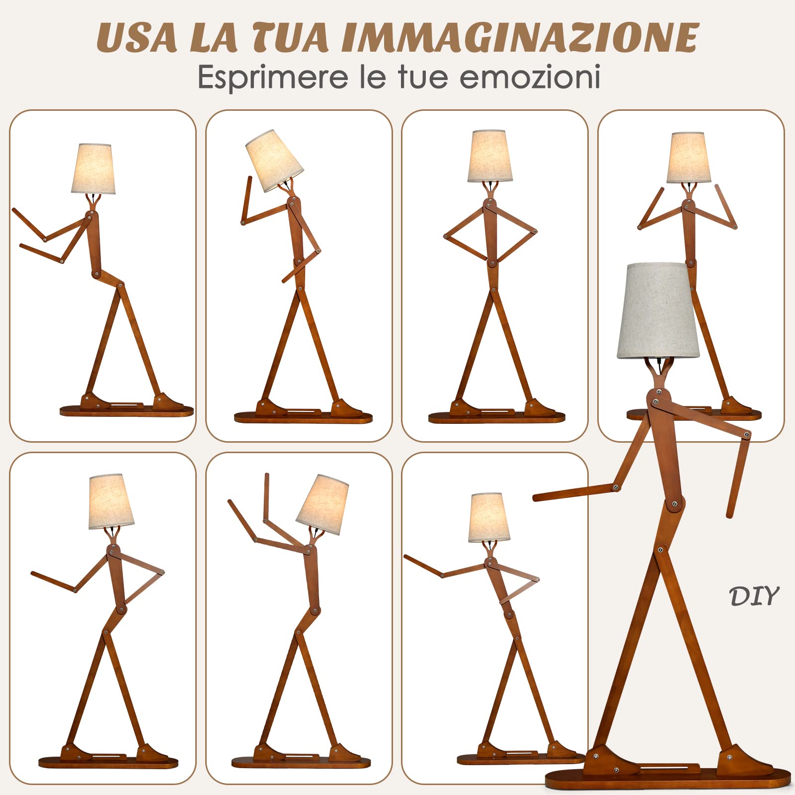 COSTWAY Lampada da Terra in Legno, Piantana Umanoide Decorativa ad Angolo con Articolazioni Regolabili, Paralume in Tessuto e Interruttore a Pedale, Lampa a Stelo da Salotto e Camera da Letto