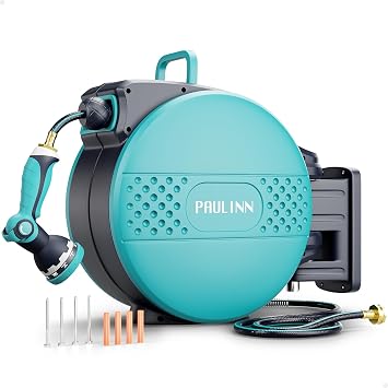 PAULINN Retractable Garden Hose Reel 1/2 Inch x 100 ft, Heavy Duty Wall Mounted Automatic Hose Reel with 10 Patterns Nozzle, Any Length Lock, Slow Return System, 180 Swivel Bracket & UV Resistant