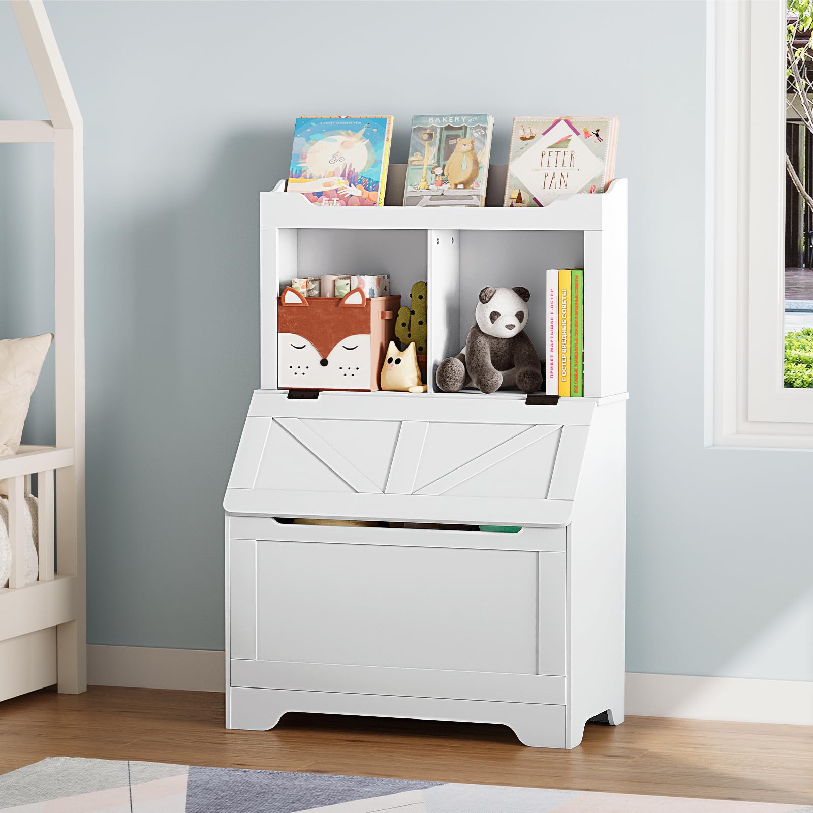 2-Shel Kids Wooden Storage Cabinet﻿,Toy Storage with Flip Lid and Cubbies, Kids Bookshelf Toy Organizer for Playroom, Nursery or Classroom, Durable Design,White