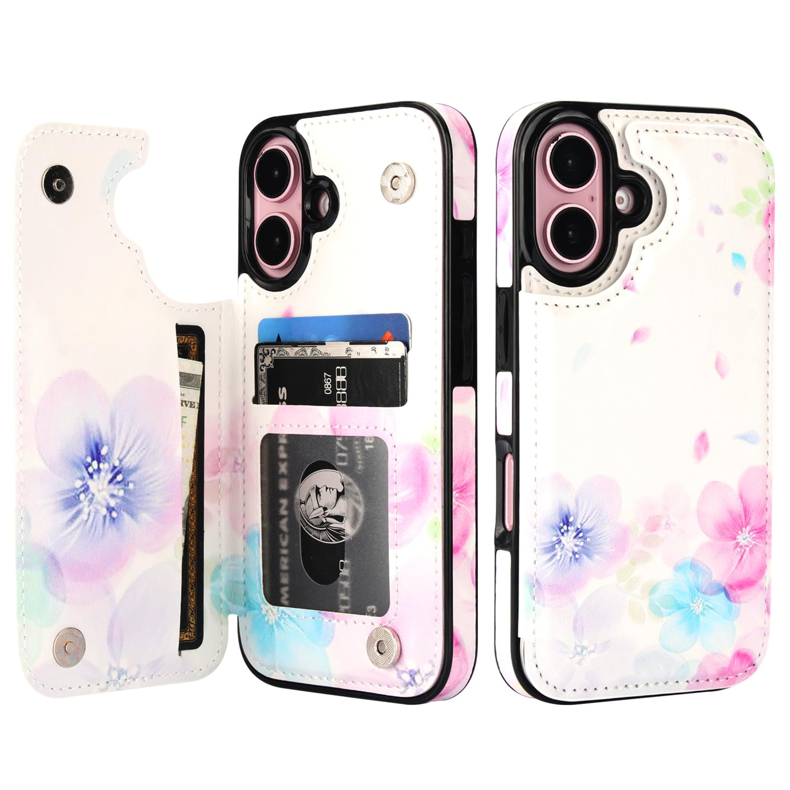 HAOPINSH for iPhone 16 Wallet Case with Card Holder, Pale Flower Pattern Back Flip Folio PU Leather Kickstand Card Slots Case for Women Girls, Double
