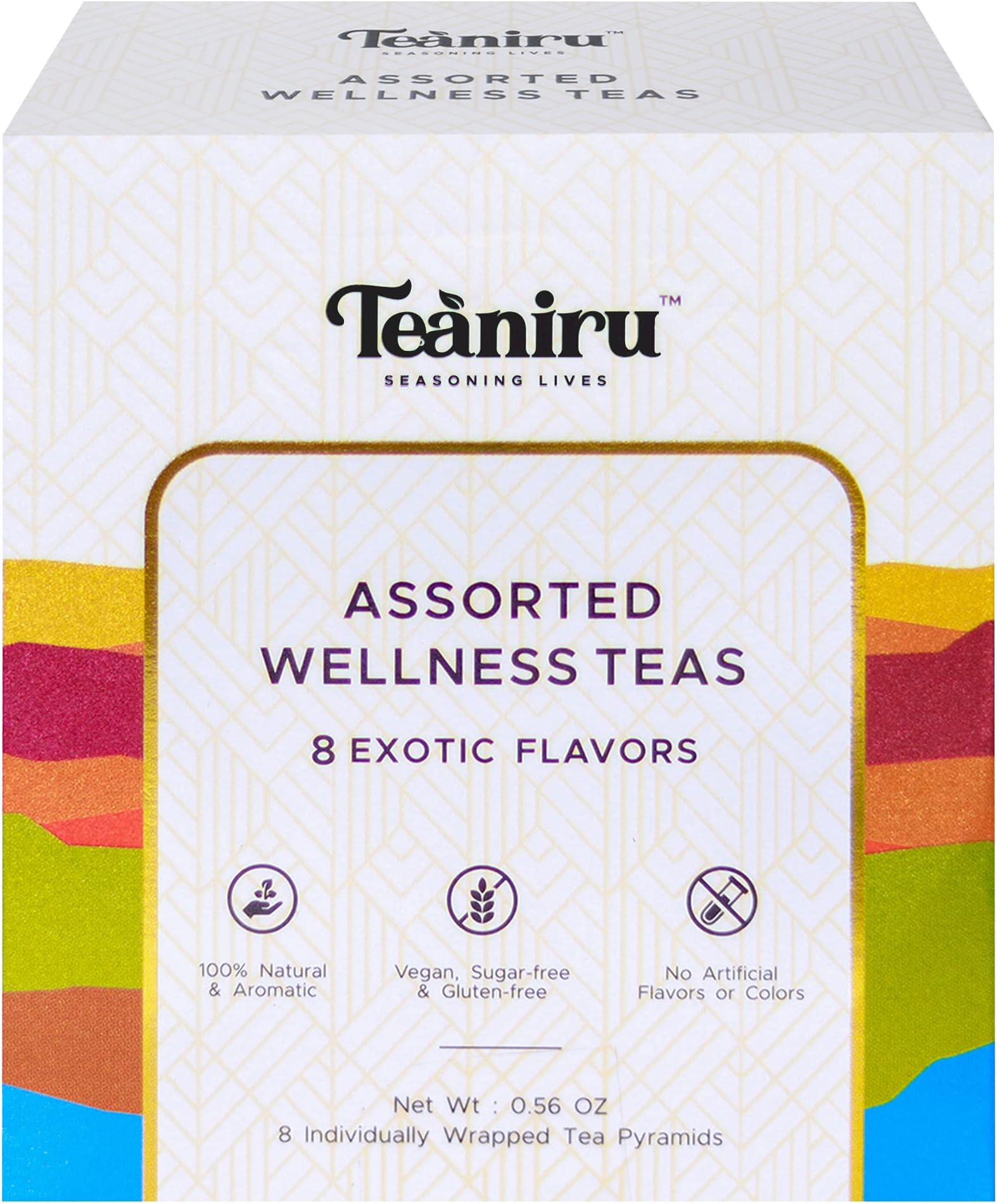 TeaniruAssorted Tea Sampler Pack - 8 Exotic Wellness Flavors | Individually Wrapped in Pyramid Tea Bags | 100% Natural Ingredients - Pure Leaf Tea | Tea Variety Pack