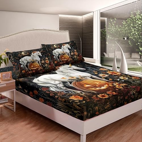 Miniatura 10 de Juego de sábanas bajeras amarillas con diseño de dibujos animados para adultos, ultra suave, juego de ropa de cama de fantasma con 2 fundas de