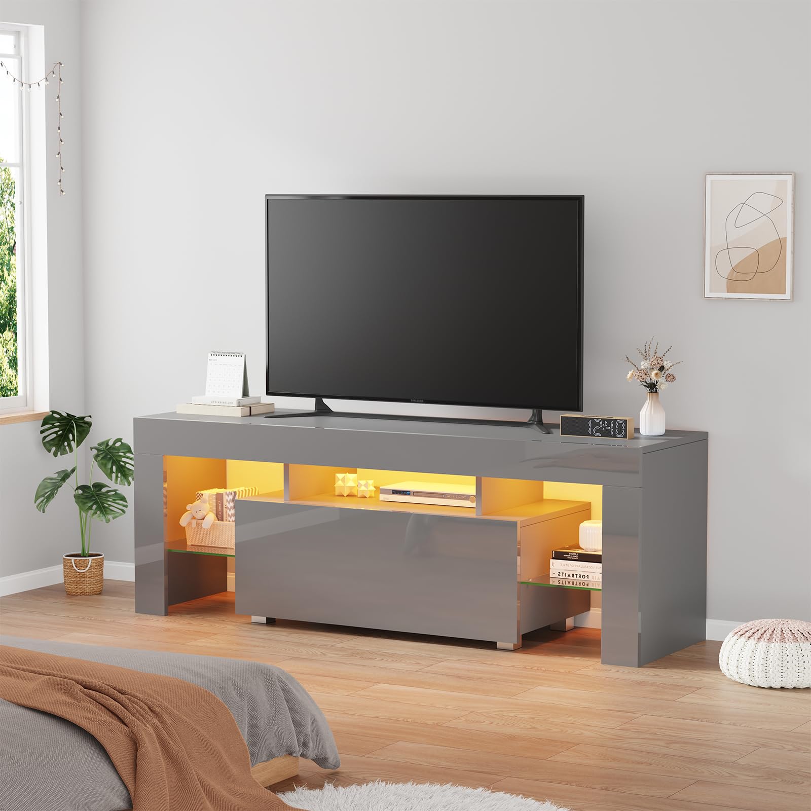 Menaka Led TV Stand Cabinet for 55-65inch TV with Drawer and Shelves, 130cm TV Unit Entertainment Media Center Console Cabinet Wood High Glossing for Living Room Bedroom (Grey High Glossing)