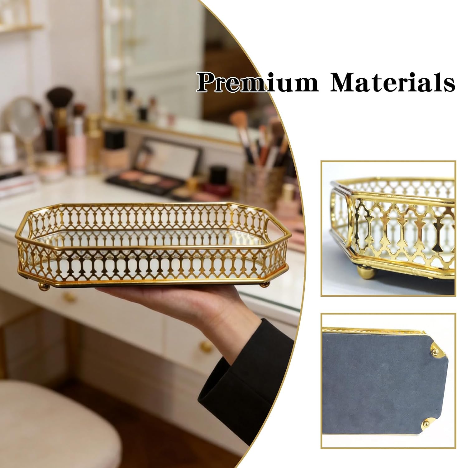 Mirror Tray,11.42×7.09 Inch Decorative Gold Mirror Tray for Home Decor, Vanity Organizer (for Perfumes), Bathroom Countertop Storage & Table Centerpiece
