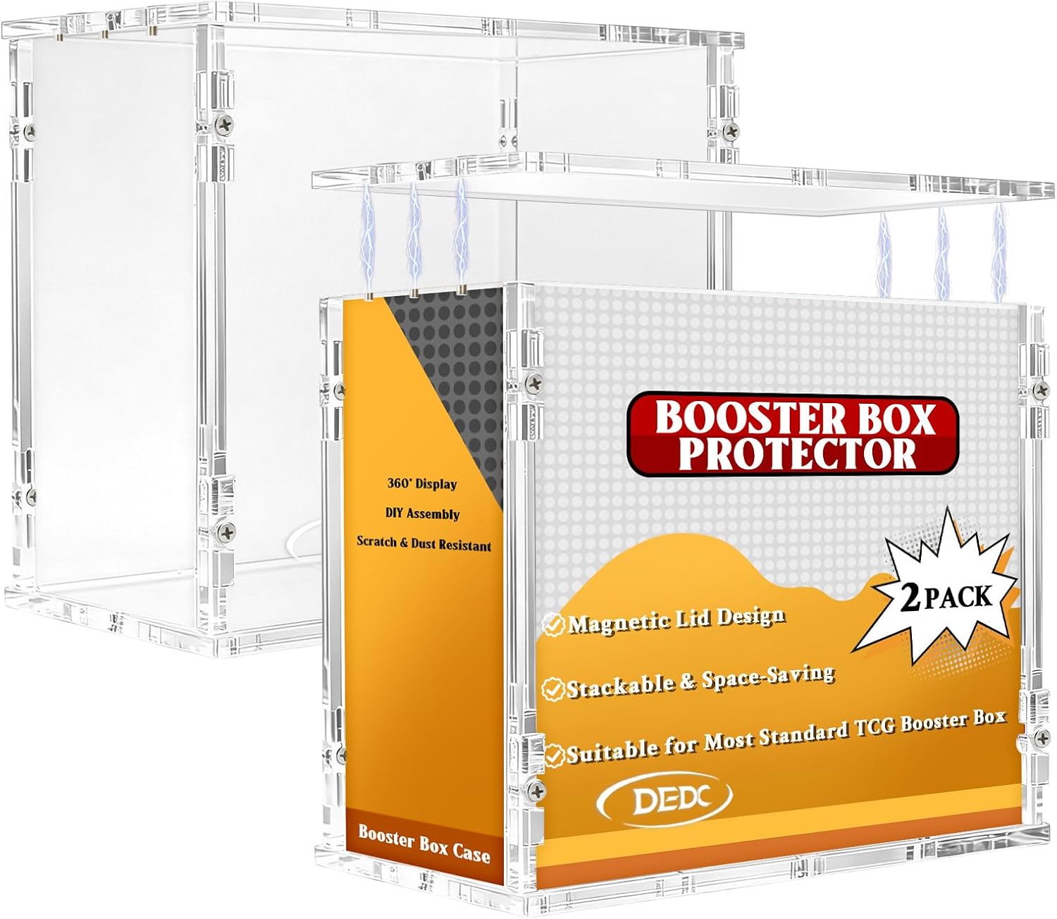 2 Pack Acrylic Booster Box Display Case with Magnetic Splicing Lid 6mm Extra Thick Clear Protector Stackable UV Protection Storage Container for Collectors Fits Standard Sealed TCG Boxes 3.1x4.8x5.4in