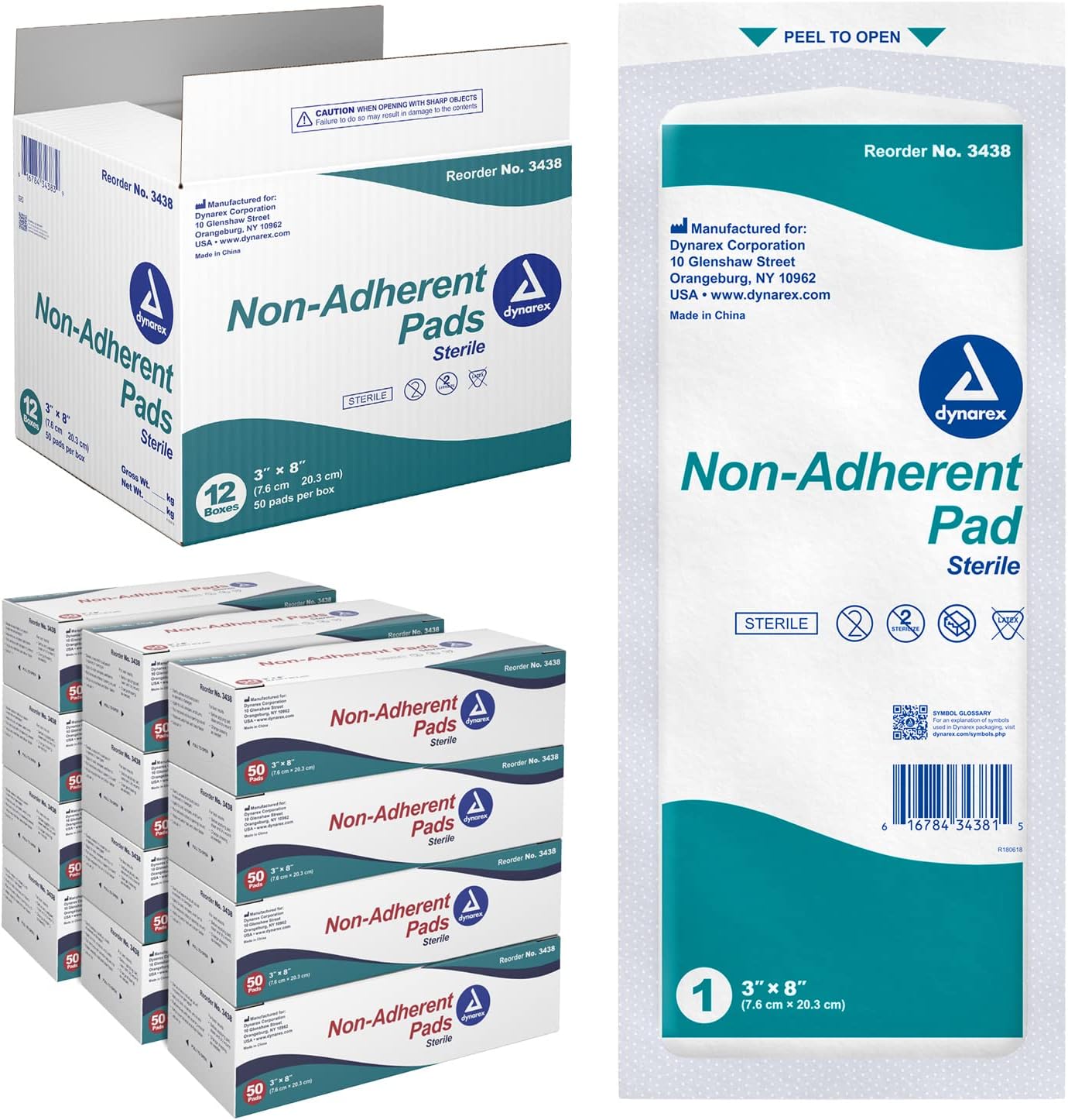 Dynarex Non-Adherent Pads-Sterile, Individually Packaged, Non-Stick Wound and Burn Care, Soft & Highly Absorbent, 3” x 8”, 1 Case of 600 Non-Adherent Pads-Sterile