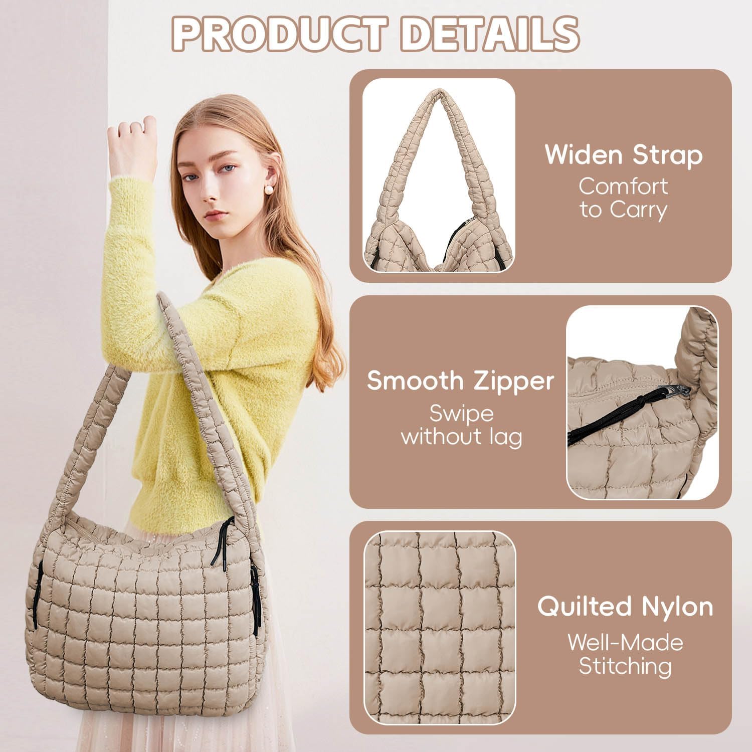Puffer Tote, Quilted Puffer Hobo Bag, Lightweight Puffy Quilted Shoulder Bag for Work, Gym, Travel - Image 4