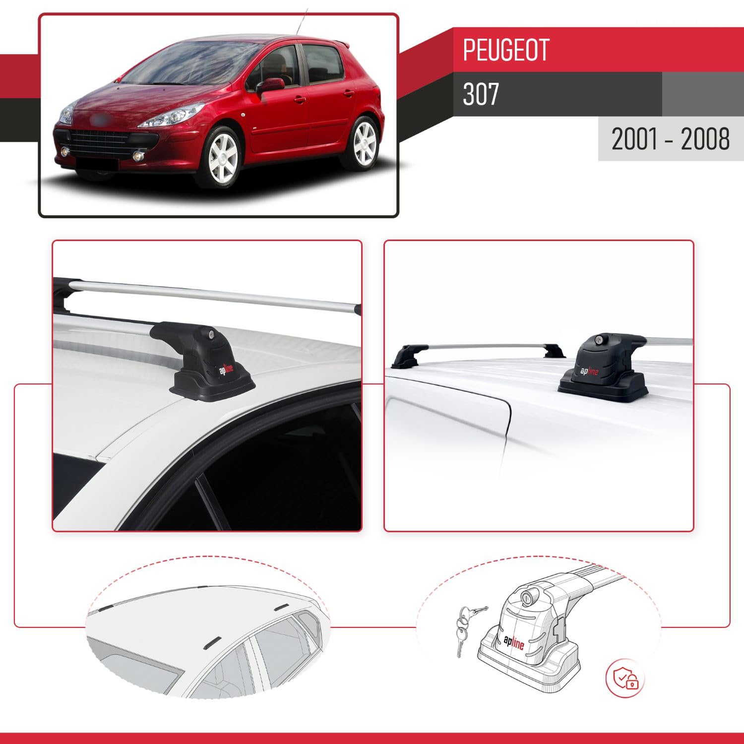 Kompatybilny z Peugeot 307 2001-2008 ACE-3 Model Aluminiowy bagażnik dachowy 2 poprzeczki, szary