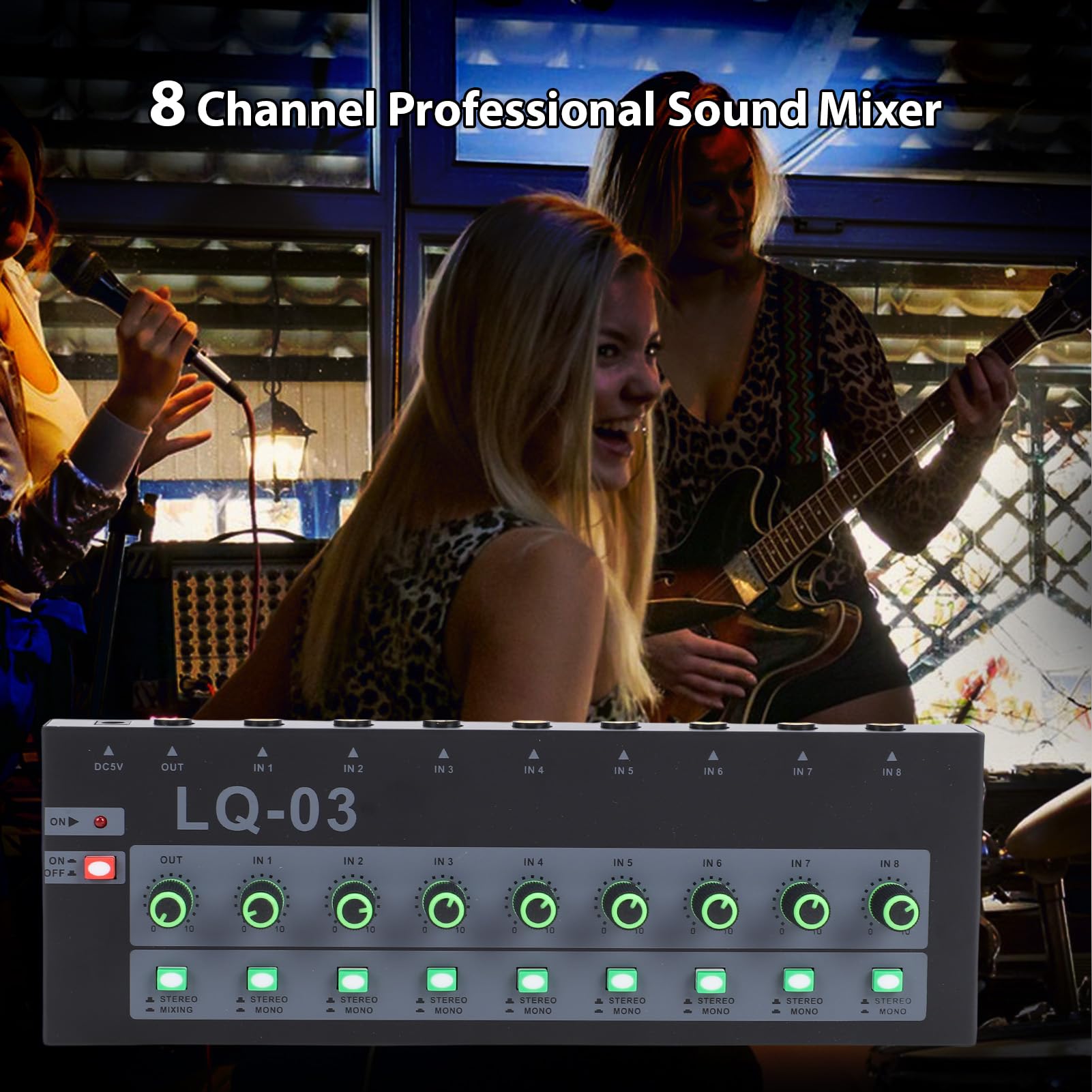 Luocute Mezclador de 8 Canales, Mezclador de Sonido con Entrada de 8 Canales, Mono Estéreo Conmutable para Grabación en Vivo, Interfaz de Sonido de Consola de Mezcla de Estudio con (2#)