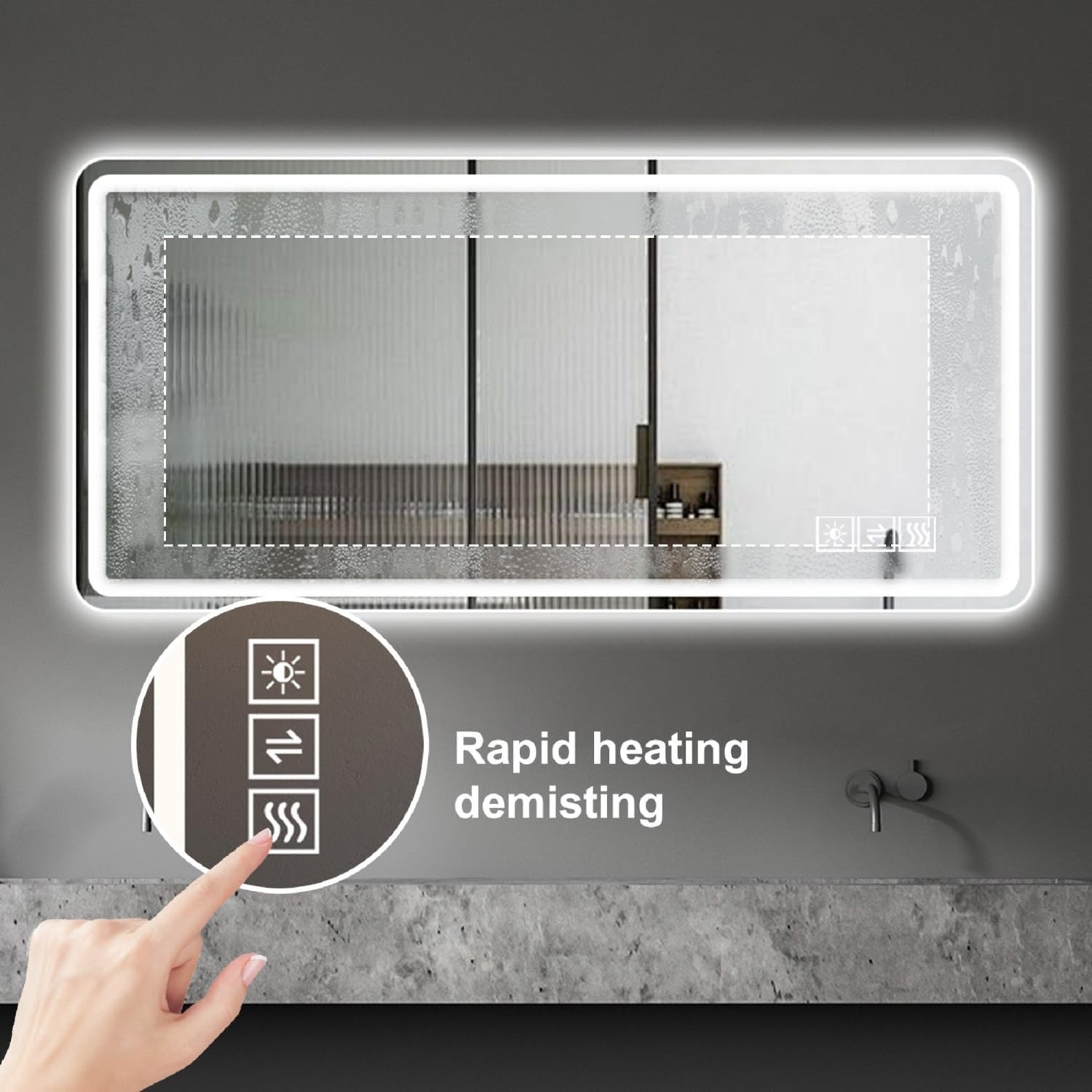 60X28 Inch Lighted Bathroom Mirror with Front Lights Silver Three-Color Changing Light Fog-Resistant Frameless Vanity for Bathroom Use