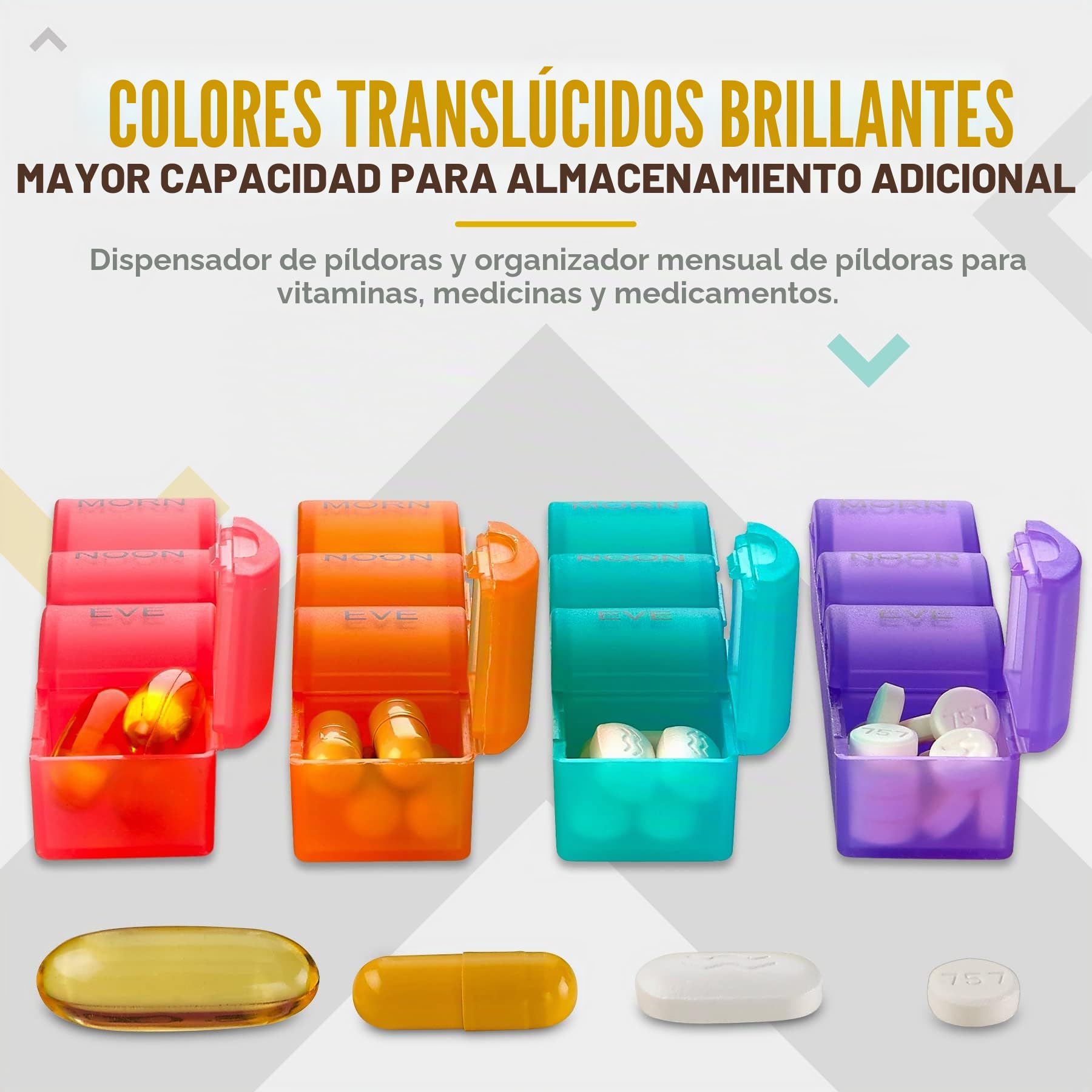 Pastillero organizador mensual - 4 veces al día mañana-mediodía-tarde-noche - Grandes 32 pastilleros diarios con compartimentos para vitaminas, suplementos