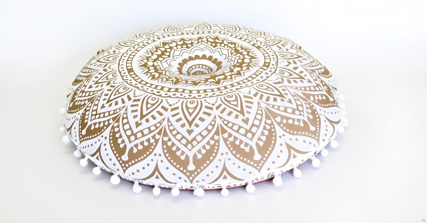 32" Gold Mandala Barmeri Large Floor Pillow Cover Cushion Meditation Seating Ottoman Throw Cover Hippie Decorative Zipped Bohemian Pouf Ottoman Poufs, Pom Pom Pillow Cases (White Gold, 32" Round)
