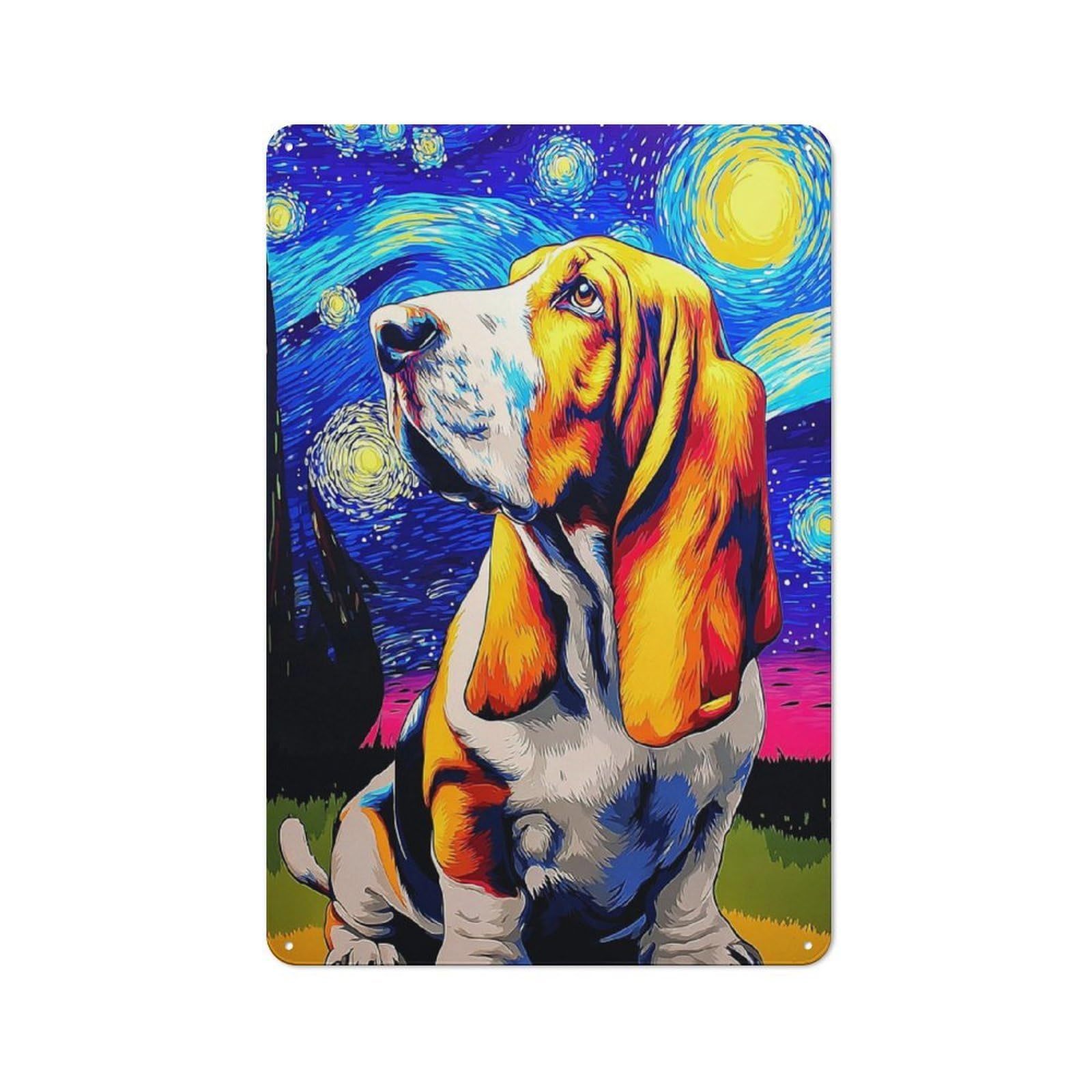 Junmoney Starry Night Basset Hound Art Print Rustic Metal Plaque 30X20cm For Dining Room Or Kitchen, A Housewarming Gift For Dining Room Decor Fans