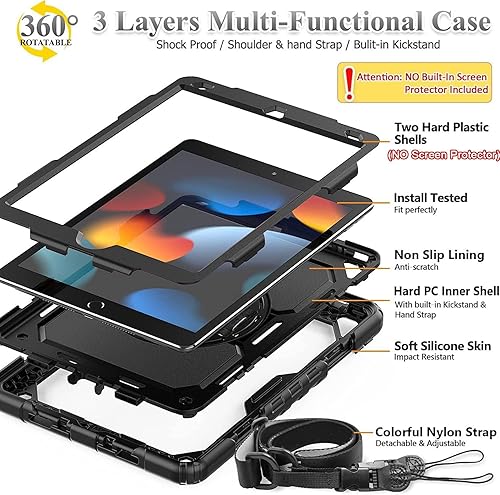 Miniatura 3 de BMOUO Funda para iPad de 9ª/8ª/7ª generación de 10.2", a prueba de golpes con soporte giratorio de 360°, correa de hombro y mano, funda para iPad