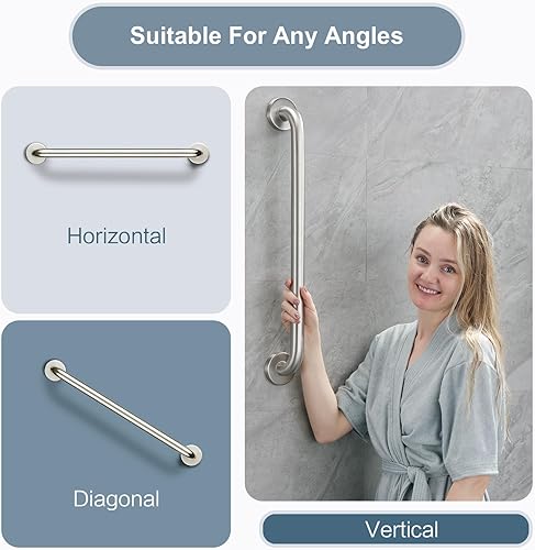 Miniatura 3 de BRIGHT SHOWERS Barra de agarre para duchas y bañeras, riel de acero inoxidable de 24 pulgadas, barra de agarre decorativa que cumple con la ADA,