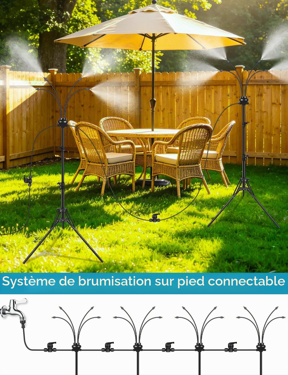 Brumisateurs debout pour terrasse extérieure, système de brumisation à hauteur réglable de 1,6 m pour refroidissement extérieur, brumisateur d'eau portable avec une ligne de brumisation de 8,07