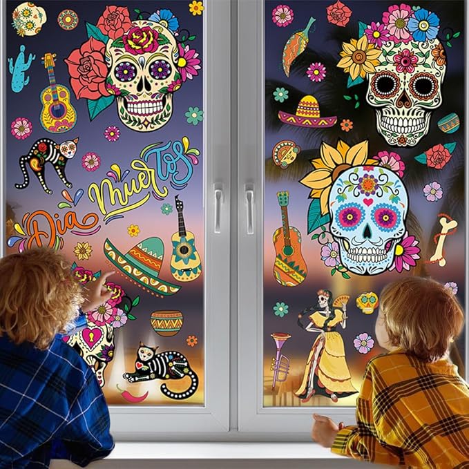 81Pcs Day of The Dead Window Clings - Dia De Los Muertos Stickers for Mexican Halloween Decor - Sugar Skull, Guitar, Ghost Bride and Groom, Flower Design - Mexican Art Decorations