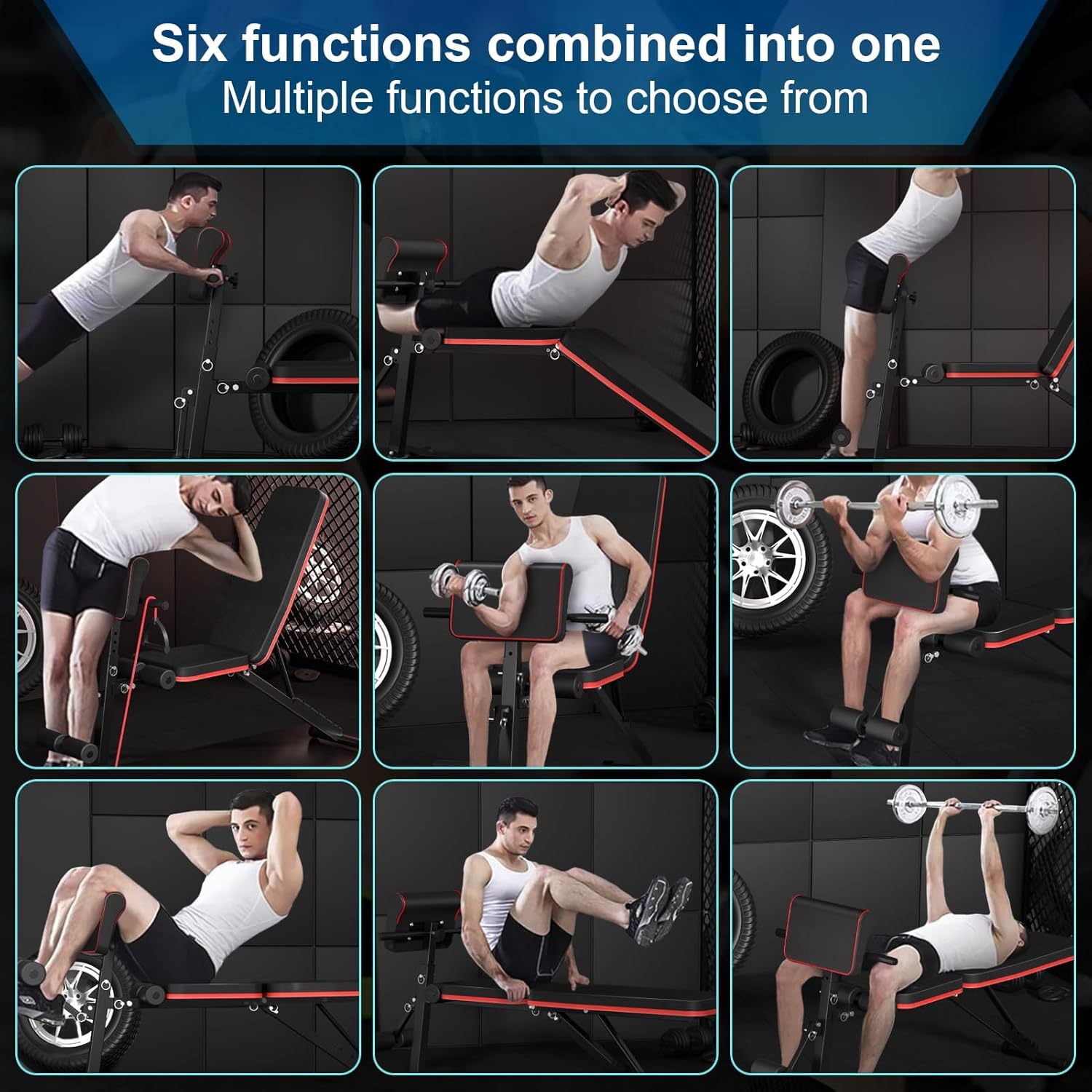Saterkali Adjustable Weight Bench Full Body Workout Multi-Purpose Foldable Exercise Workout Bench for Home Gym,Sturdy Durable Incline Decline Flat Exercise Benchs for Full Body Strength Training Red