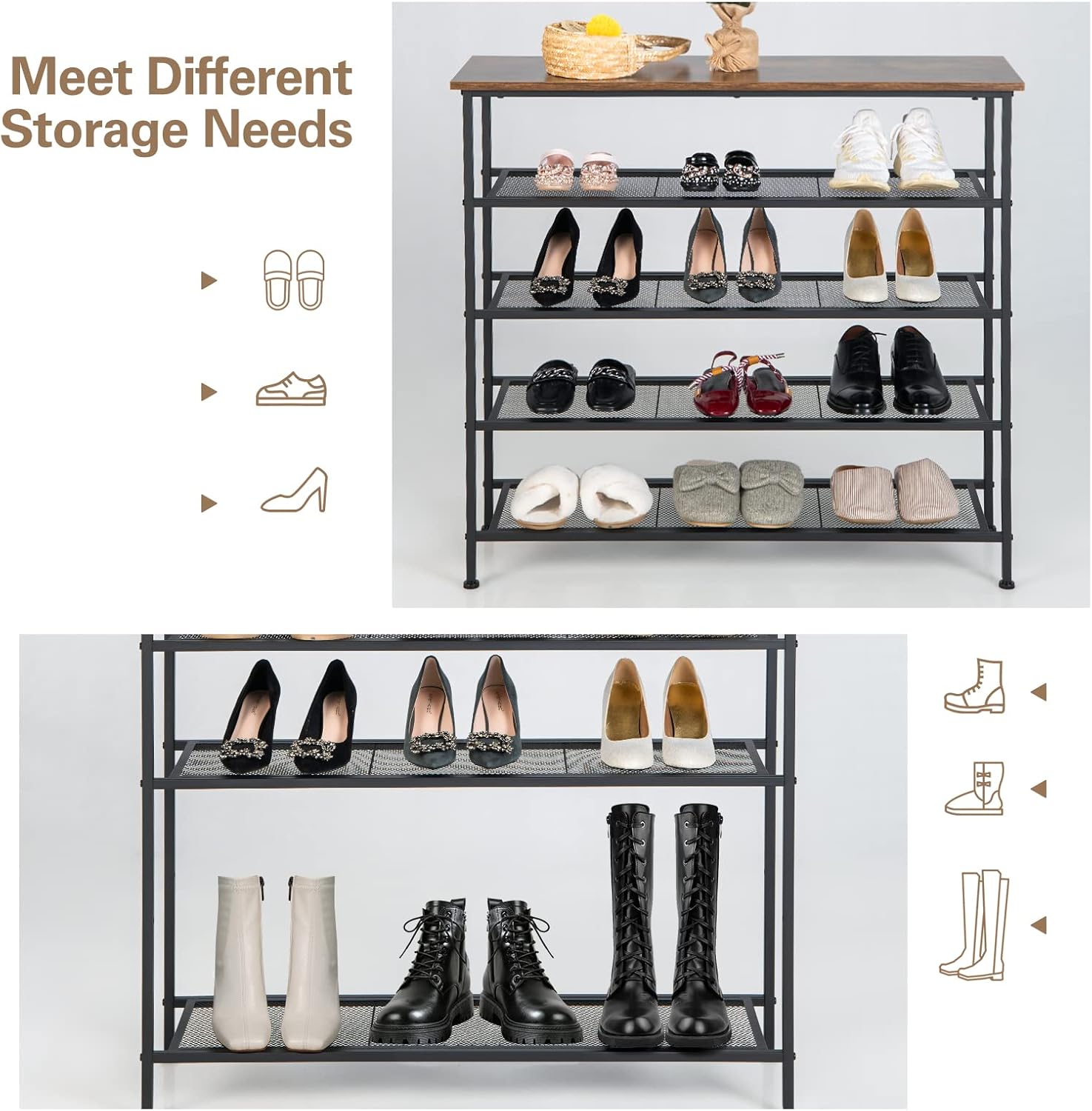COSTWAY Shoe Rack, 5-Tier Free Standing Shoe Storage Organizer with Wooden Top, 4 Metal Mesh Shelves for 16-20 Pairs Shoes, Adjustable Protecting Feet for Entryway, Hallway, Rustic Brown and Black